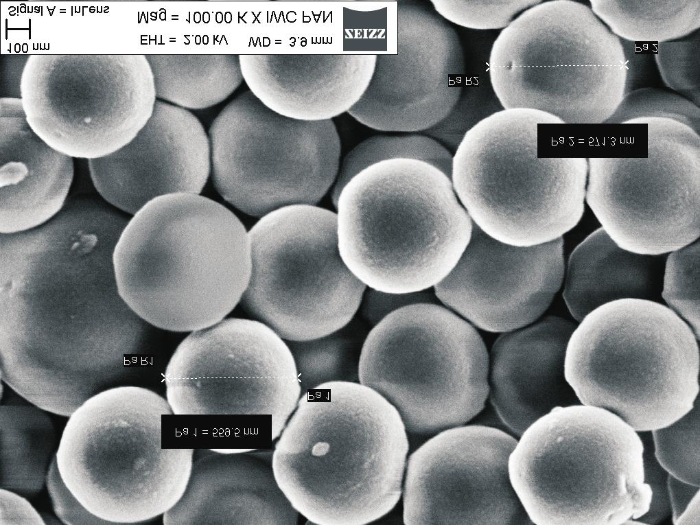 Otrzymywanie nanostruktur krzemionkowo-złotych... 189 Rys. 2. Zdjęcie SEM nieporowatych nanocząstek krzemionkowych (o średnicy ok.