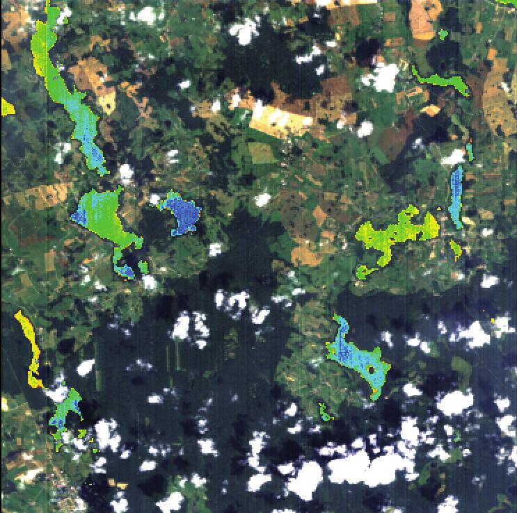 5 Spatial distribution of chlorophyll-a content obtained with using ρ706 nm / ρ674 nm index calculated based on CHRIS/ PROBA satellite data for Mazury test site acquired on three dates: a.