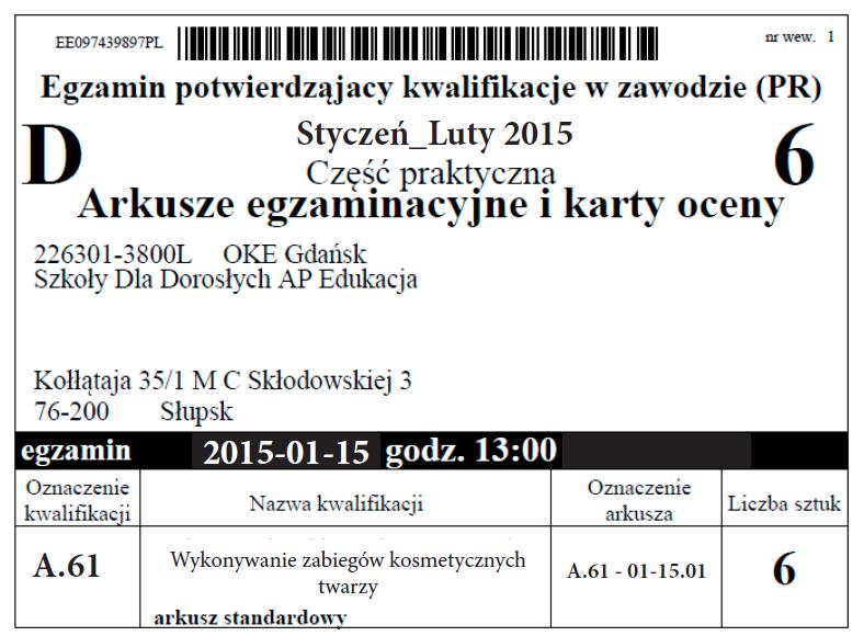 Naklejka na bezpieczną kopertę przeznaczoną na dostawę (dystrybucja) arkuszy egzaminacyjnych i kart