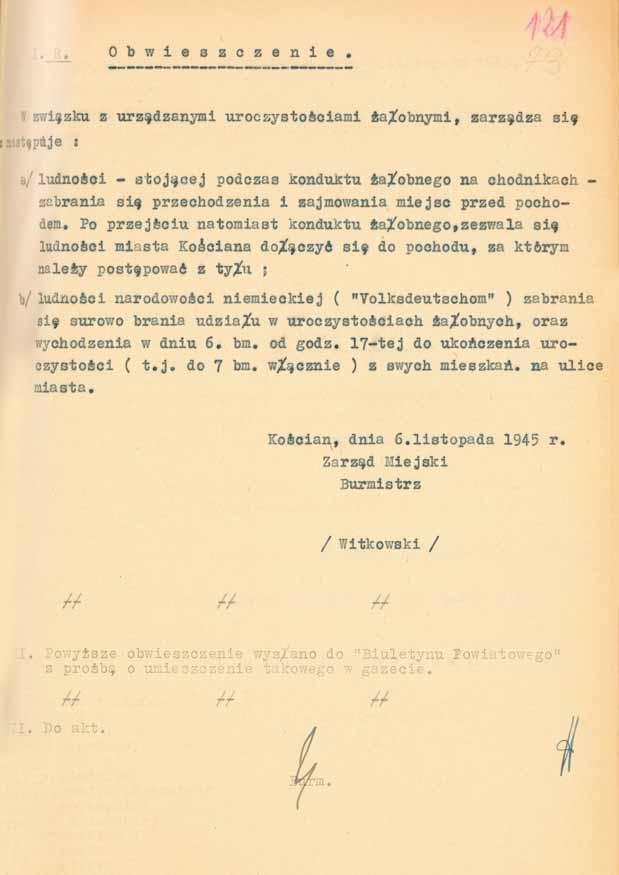 AKTOWE MATERIAŁY ARCHIWALNE 209 43. Obwieszczenie burmistrza Kościana z dnia 6 listopada 1945 r.