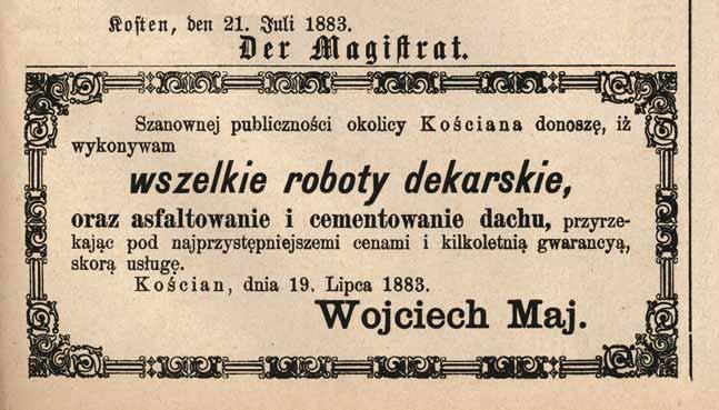 PRASA OGŁOSZENIA 247 1. Ogłoszenie Wojciecha Maja z dnia 19 lipca 1883 r.