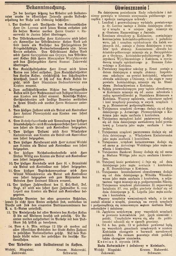 PRASA OGŁOSZENIA 251 12. Obwieszczenie Rady Robotników i Żołnierzy w Kościanie z dnia 3 stycznia 1919 r.