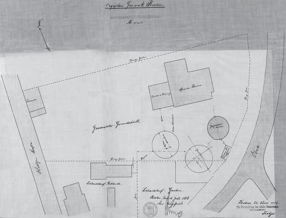 38 ZARYS DZIEJÓW KOŚCIANA 10. Plan sytuacyjny gazowni miejskiej nad Obrą, 22 czerwca 1906 r. APL, Akta miasta Kościan, sygn.