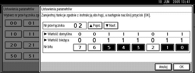 241 Drukowanie listy parametrów uåytkownika. Nie naleåy zmieniaæ przeâàczników bitowych innych niå wymienione na poprzednich stronach. A Nacisnàæ przycisk {Narzêdzia uåytkownika/licznik}.