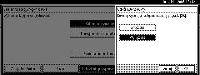 B Wybraæ opcjê [Wâàczone] lub [Wyâàczone], a nastêpnie nacisnàæ przycisk [OK]. 9 Ilustracja przedstawia przykâadowy ekran Odbiór autoryzowany.