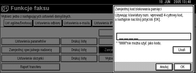 Uåywanie ustawieñ administratora Rejestracja kodu blokowania pamiêci Zaprogramuj kod blokady pamiêci, który bêdzie musiaâ zostaæ wprowadzony w celu wydrukowania dokumentów odebranych w trybie blokady