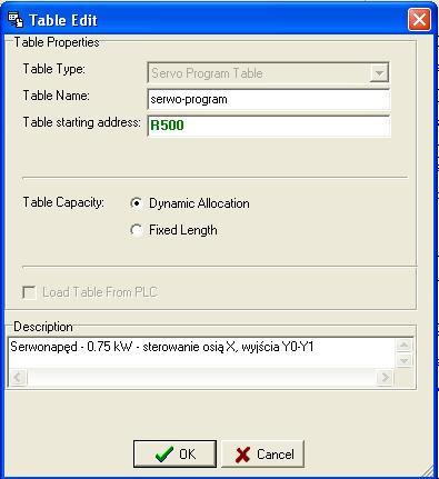 Należy również zdefiniować program dla serwonapędu. Aby tego dokonać należy z drzewa projektowego wybrać Table Edit Servo Program Table.