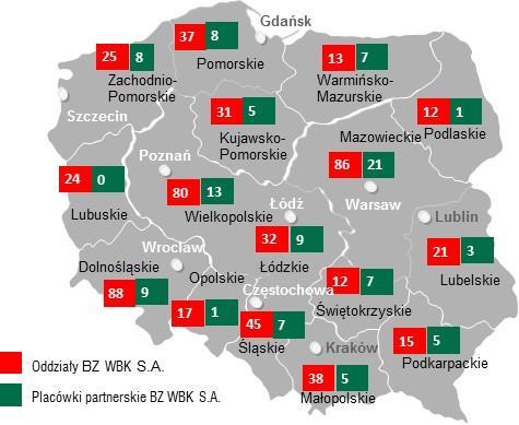 i produktów inwestycyjnych), głównie w małych i średnich miastach. Sieć oddziałów BZ WBK S.A. na koniec poszczególnych lat w okresie od 31.12.2013 r. do 31.12.2017 r.