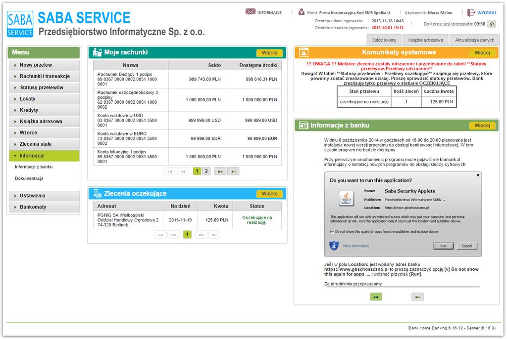 2.4. Ekran roboczy Po prawidłowym zalogowaniu się na ekranie zostanie wyświetlone okno robocze Systemu I-Bank (Rys. 9). Rys.