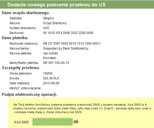 Rys. 26: Okno autoryzacji dla przelewów US 3.3.4. Przelew do ZUS Przelew składki ZUS powinien być wystawiony na specjalnym formularzu, który jest dostępny w opcji Nowy przelew Przelew do ZUS (Rys.