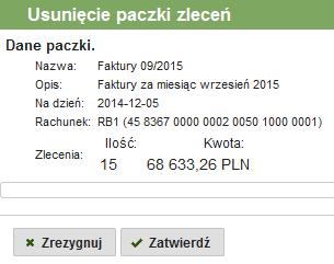 Rys. 68: Usuwanie paczki zleceń 3.5.2.4. Podpisanie paczki zleceń Aby zlecenia znajdujące się wewnątrz paczki zostały zrealizowane należy podpisać paczkę.