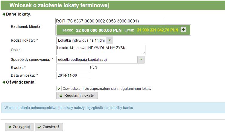 3.6.1. Nowa lokata W celu założenia nowej lokaty należy wybrać z menu głównego zakładkę Lokaty, a następnie Nowa lokata. Wyświetlony zostanie formularz wniosku o założenie lokaty terminowej (Rys. 74).