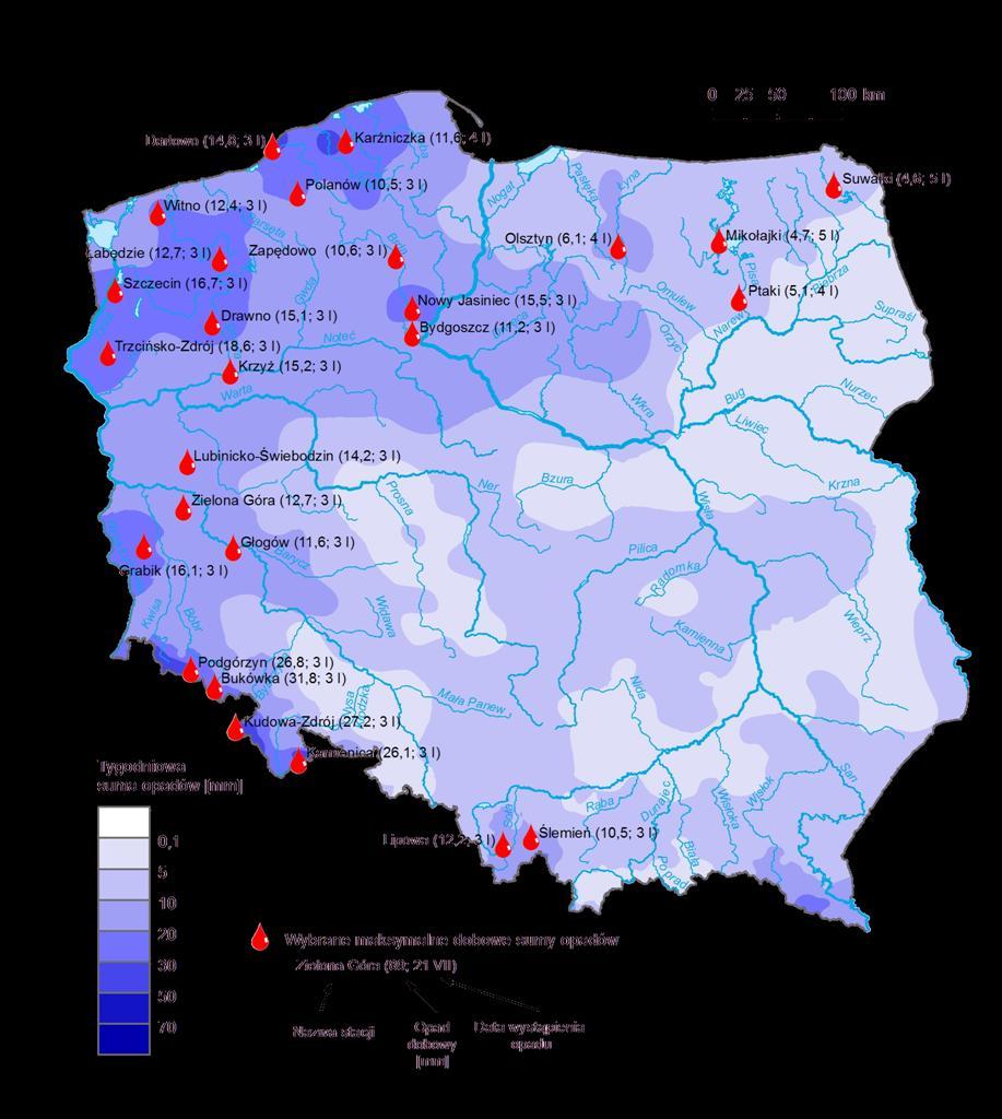 3. Rozkład tygodniowej sumy opadów oraz wybrane maksymalne