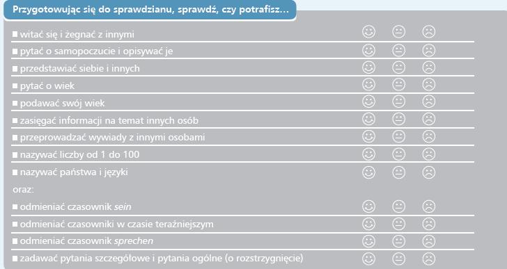 Język niemiecki dla szkół ponadgimnazjalnych, Infos 1 Brückenkurs (podręcznik), str. 16: W ESOKJ poświęca się wiele uwagi samoocenie biegłości językowej.