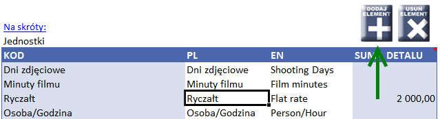 przycisk Usuń pozycję ): dodawanie pozycji Nowa jednostka (klikamy w dowolną wypełnioną komórkę nowa,