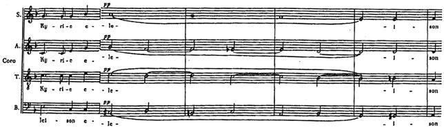 II. Sancta Maria (Andante) lyriškas soprano solo ir likusių (ATB) choro balsų, kartojančių atsaką ora pro nobis, dialogas. III.