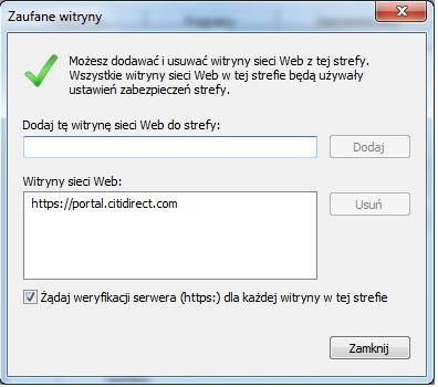 Otwórz listę witryn zaufanych, klikając przycisk Witryny i dodaj do niej adres systemu