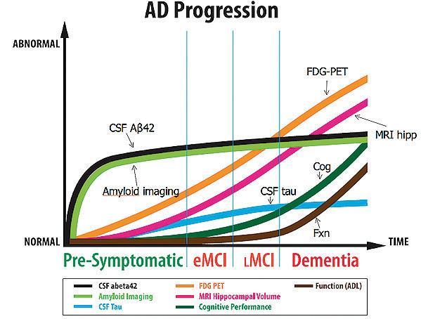 - Niskie stężenie Aβ1-42 w PMR Faza II Amyloidoza + wczesne neurozwyrodnienie -Neuronalna dysfunkcja w FDG-PET/fMRI -Wysokie stężenie tau/p-tau w PMR