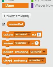 7. Zliczamy zebrane kule energii. Zmienna przechowuje ilość zebranych kul. W scratchu możemy modyfikować i odczytywać wiele różnych zmiennych.