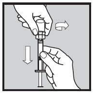 Trzymając strzykawkę w części kalibrowanej w pozycji pionowej, usunąć nasadkę wraz z fiolką odkręcając nasadkę drugą ręką. Należy się upewnić, że nasadka z fiolką zostały usunięte ze strzykawki.