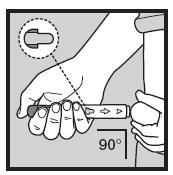 Gdy pacjent jest gotowy do wykonania wstrzyknięcia, należy nacisnąć palcem wskazującym lub kciukiem znajdujący się u góry przycisk aktywujący w kolorze śliwkowym (patrz poniżej).
