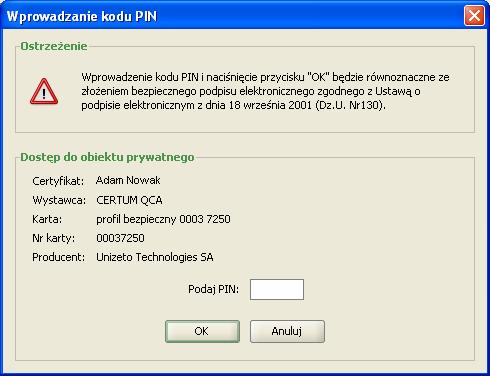 4. W przypadku użycia certyfikatu kwalifikowanego w kolejnym oknie podaj PIN