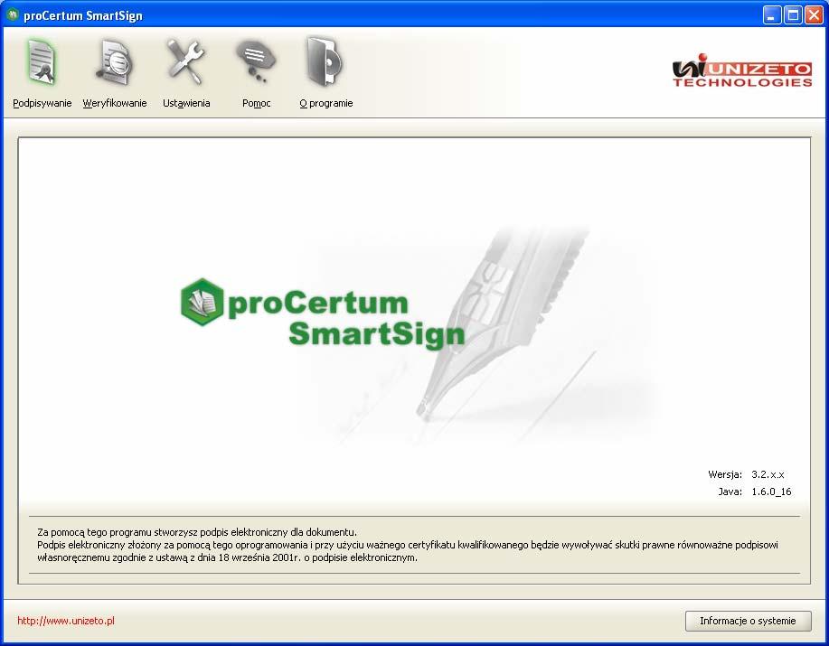 1. Uruchomienie aplikacji Aby uruchomić ikonę pliku procertum SmartSign, naciśnij ikonę aplikacji: Ukaże się okno: W menu głównym aplikacji procertum SmartSign znajduje się pięć zakładek: