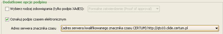 Postępuj jak w punkcie 3 (konfiguracja podpisu), a następnie według poniższej instrukcji. 1. Jeśli chcesz dodać kwalifikowany znacznik czasu do tworzonego podpisu, zaznacz Oznakuj podpis czasem: 2.