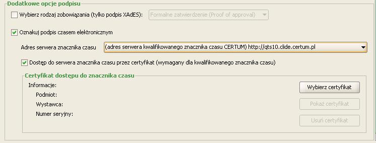 Po wybraniu adresu znacznika automatycznie zostanie zaznaczona opcja Podpisz żądanie wydania znacznika czasu (CLIDE Client), w której należy wskazać certyfikat podpisujący żądanie znacznika czasu.