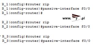 34 (Pobrane z slow7.pl) wyłączenia wysyłania aktualizacji RIP poprzez dany interfejs służy komenda: passive interface <interfejs> wydana w trybie konﬁguracji routingu.