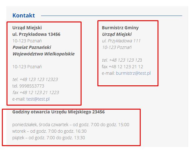 Na stronie kontaktowej treść edytowana jest w tzw. blokach.