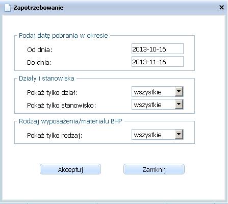 Proces automatyczny: Otwarcie okna Zamówienia Kliknij przycisk Utwórz zamówienie automatycznie Określ daty, w jakich ma nastąpić pobranie, dział, stanowisko oraz rodzaj środka lub materiału BHP.