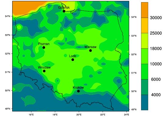 oddziaływanie ozonu, dla roku prognozy pokazano na rysunku 25. Porównanie z sytuacją w roku 2010, przedstawioną w rozdziale 11.3, wskazuje, że nastąpiła znacząca redukcja wskaźnika AOT40.