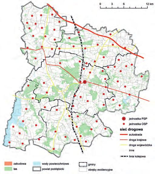 192 Marta Borowska-Stefańska, Szymon Wiśniewski Ryc. 1. Rozmieszczenie jednostek straży pożarnych oraz sieć transportowa w powiecie poddębickim Zgodnie z podziałem fizyczno-geograficznym według J.