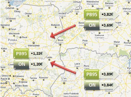 Średnie ceny paliw na Białorusi, Ukrainie i w Polsce w lutym 2011 r.