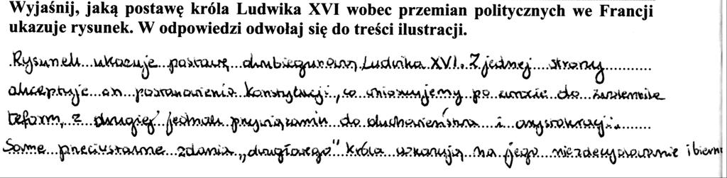 2. (poziom wykonania 45%), w którym należało wyjaśnić jaką postawę Ludwika XVI wobec przemian politycznych we Francji ukazuje rysunek i odwołać się w odpowiedzi do treści tego rysunku.