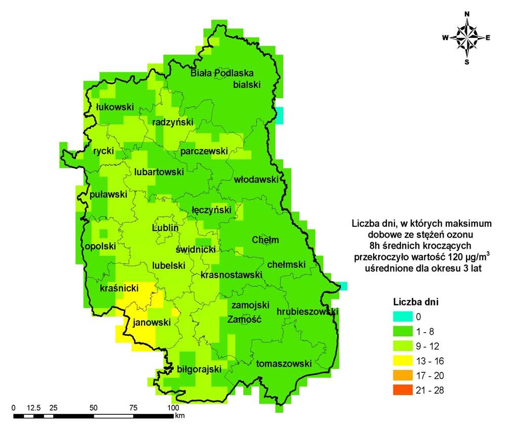 Mapa 3.Liczba dni z przekroczeniami poziomu docelowego w województwie lubelskim, uśredniona dla lat 2012-2014 na podstawie łączenia wyników modelowania z pomiarami (źródło: GIOŚ) 6.9. Arsen Tabela 6.