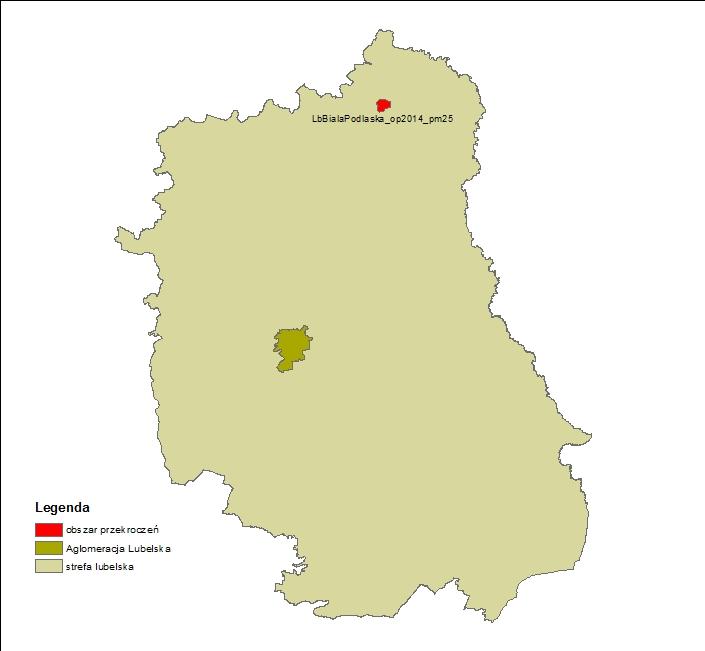 Mapa 8. Obszary przekroczeń dopuszczalnego stężenia pyłu PM2,5 dla fazy II w woj. lubelskim w 2014 r.