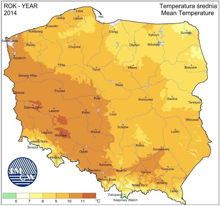 Mapa 1. Średnia roczna temperatura w Polsce w 2014 r. (źródło: IMGW) Roczne sumy opadów atmosferycznych w 2014 r. na terenie województwa wynosiły: w Lublinie 790 mm o 21,5% więcej niż w 2013 r.