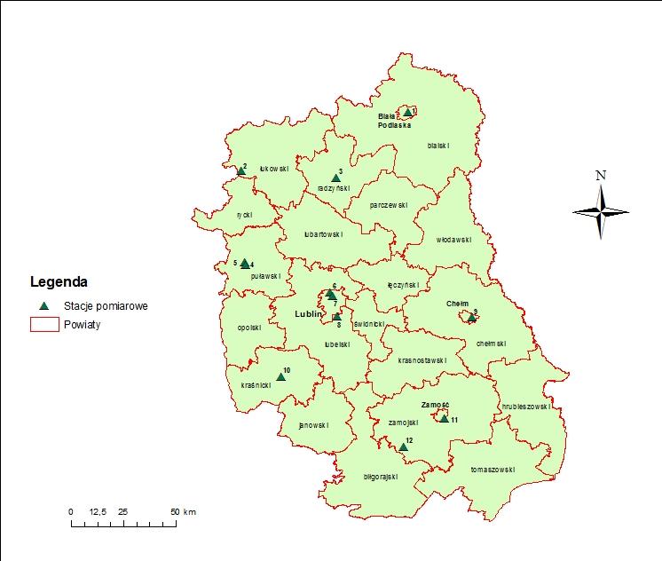 Lp. Adres stacji SO 2 NO 2 C 6 H 6 Pb, As, CO PM10 Cd, Ni B/a/p PM2,5 Ozon Inne 1. Biała Podlaska ul. Orzechowa o c c 2. Jarczew c c 3. Radzyń ul. Sitkowskiego 1 B c 4. Puławy ul. Lubelska 5 (1) 5.