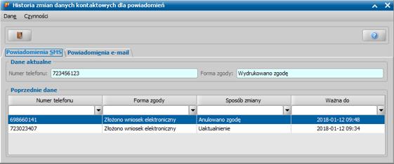 8. Dodanie możliwości wyświetlenia historii zmiany danych kontaktowych osoby wykorzystywanych przy powiadomieniach sms/e-mail, poprzez dodanie w oknie listy osób operacji "Wyświetl historię zmian