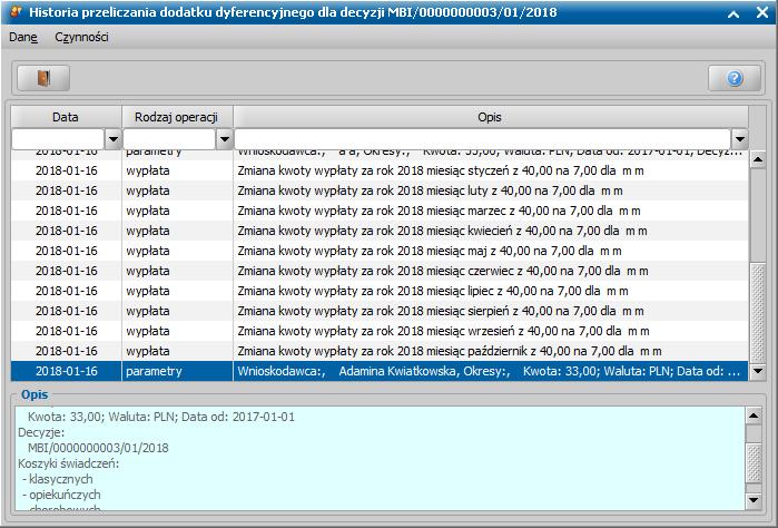 11. Rozbudowa okna historii przeliczania dodatku dyferencyjnego na poziomie Wojewody, poprzez dodanie rodzaju operacji parametry, która prezentuje informacje o parametrach wg jakich został