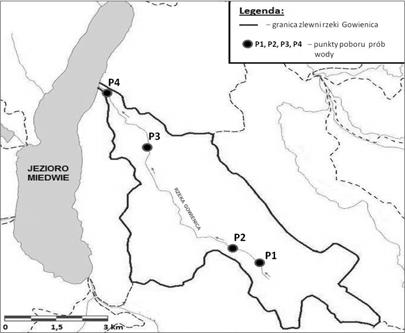 K. Rawicki i in.: Zmienność stężeń mineralnych związków azotu i fosforu w cieku 117 Na trasie badanej rzeki wyznaczono cztery punkty badawcze, w których pobierano próbki wody (rys. 1). Punkt 1.
