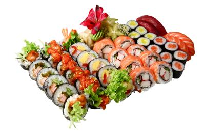 ) Golden Rainbow - krewetka parzona, avocado, serek Philadelphia łosoś, tuńczyk, maślana (8 szt.) 2 ROLKI GRATIS! (12 szt.) PARTY 42 + GRATIS = 54 szt. 179 Nigiri łosoś (2 szt.) Nigiri tuńczyk (2 szt.