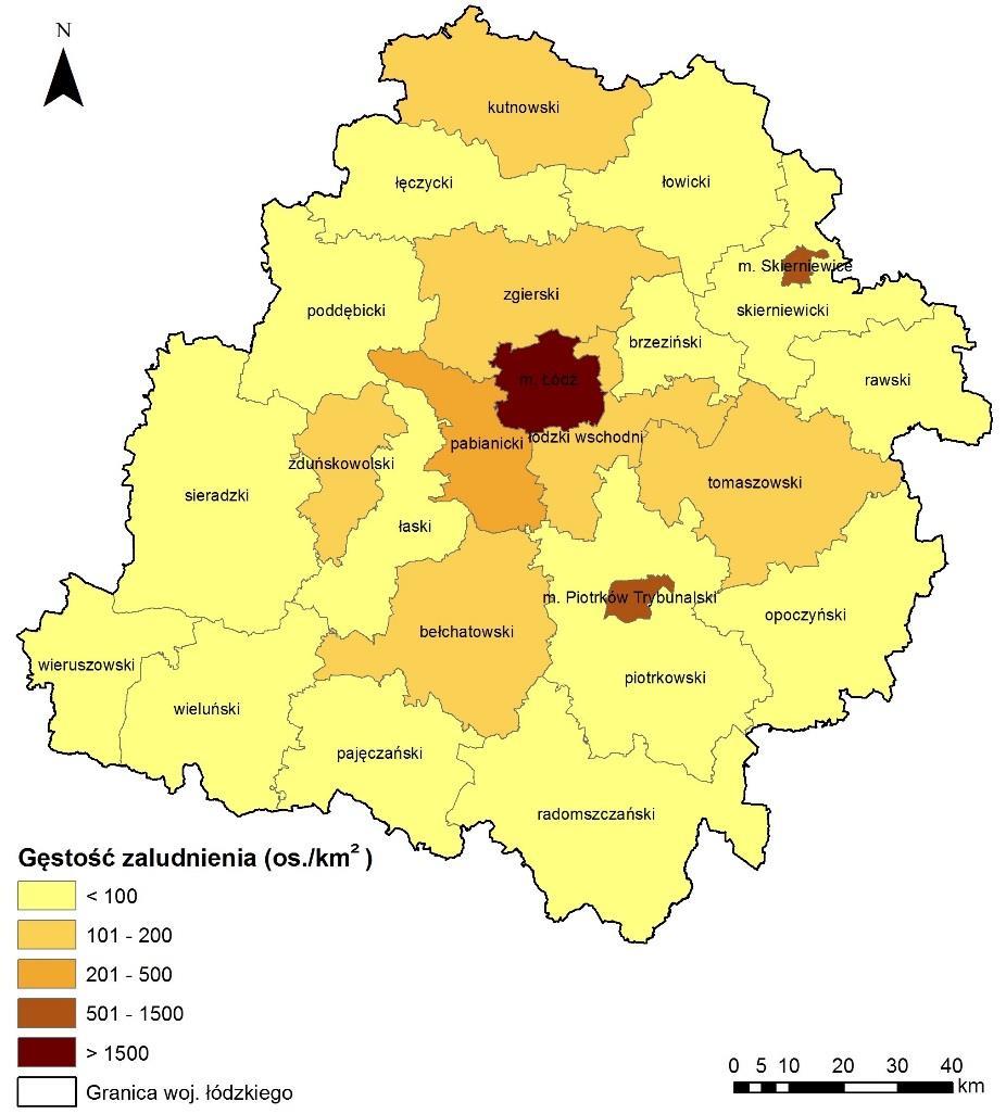 GUS). Na mapie 2 przedstawiona została gęstość zaludnienia w poszczególnych powiatach woj. łódzkiego w 2016 roku. Mapa 2.