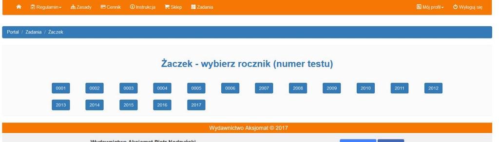 Aby przejść do któregoś z roczników konkursy należy kliknąć na odpowiedni kafelek z rokiem (w przypadku poziomu Żaczek występuje również sześć przykładowych