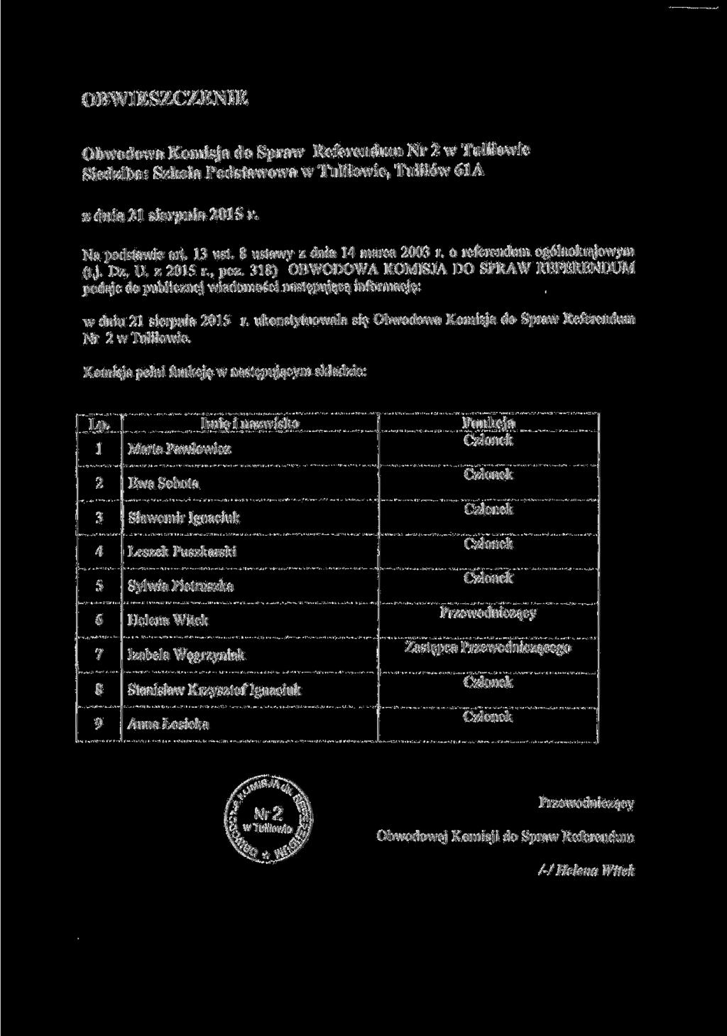 Obwodowa Komisja do Spraw Referendum Nr w TuliIowie Siedziba: Szkola Podstawowa w Tulilowie, Tulitw A z dnia sierpnia 0 r. Na podstawie art. ust. ustawy z dnia marca 00 r.