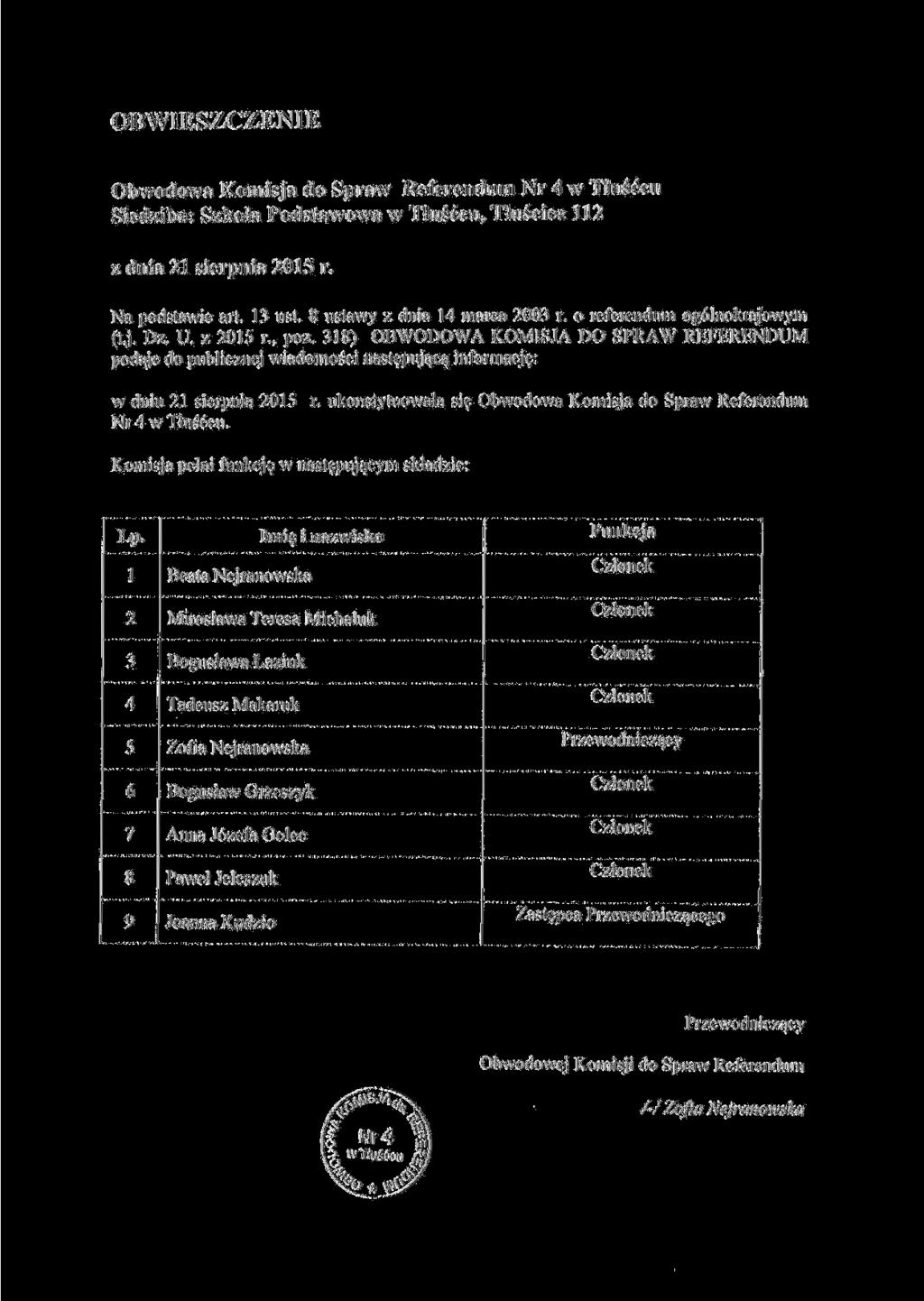 Obwodowa Komisja do Spraw Referendum Nr w Tlusccu Siedziba: Szkola Podstawowa w Tlusccu, Tlusciec z dnia sierpnia 0 r. Na podstawie art. ust. ustawy z dnia marca 00 r. o referendum ognokrajowym (t.j. Dz.