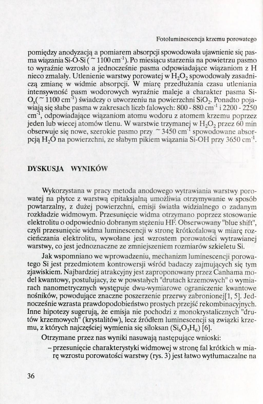 Fotoluininescencja krzemu porowatego pomiędzy anodyzacją a pomiarem absorpcji spowodowała ujawnienie się pasma wiązania Si-O-Si ( ~ 1100 cm"^).
