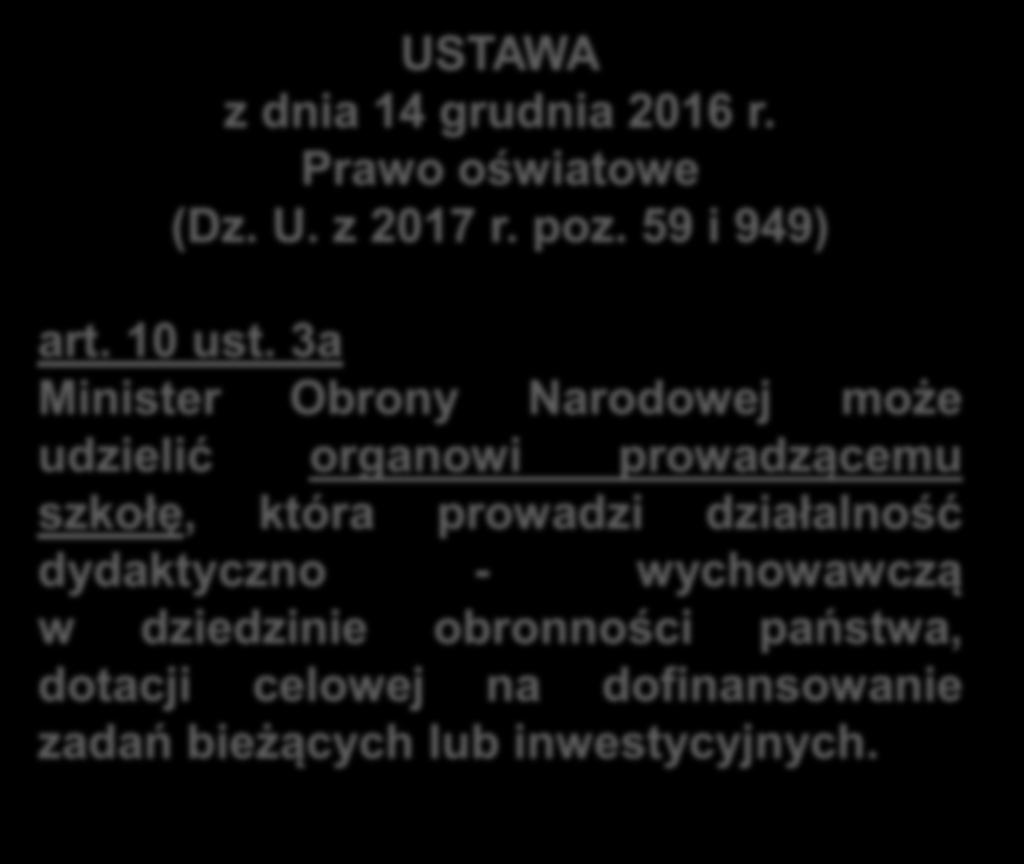 DOTACJE CELOWE PRAWO OŚWIATOWE USTAWA z dnia 14 grudnia 2016 r. Prawo oświatowe (Dz. U. z 2017 r.